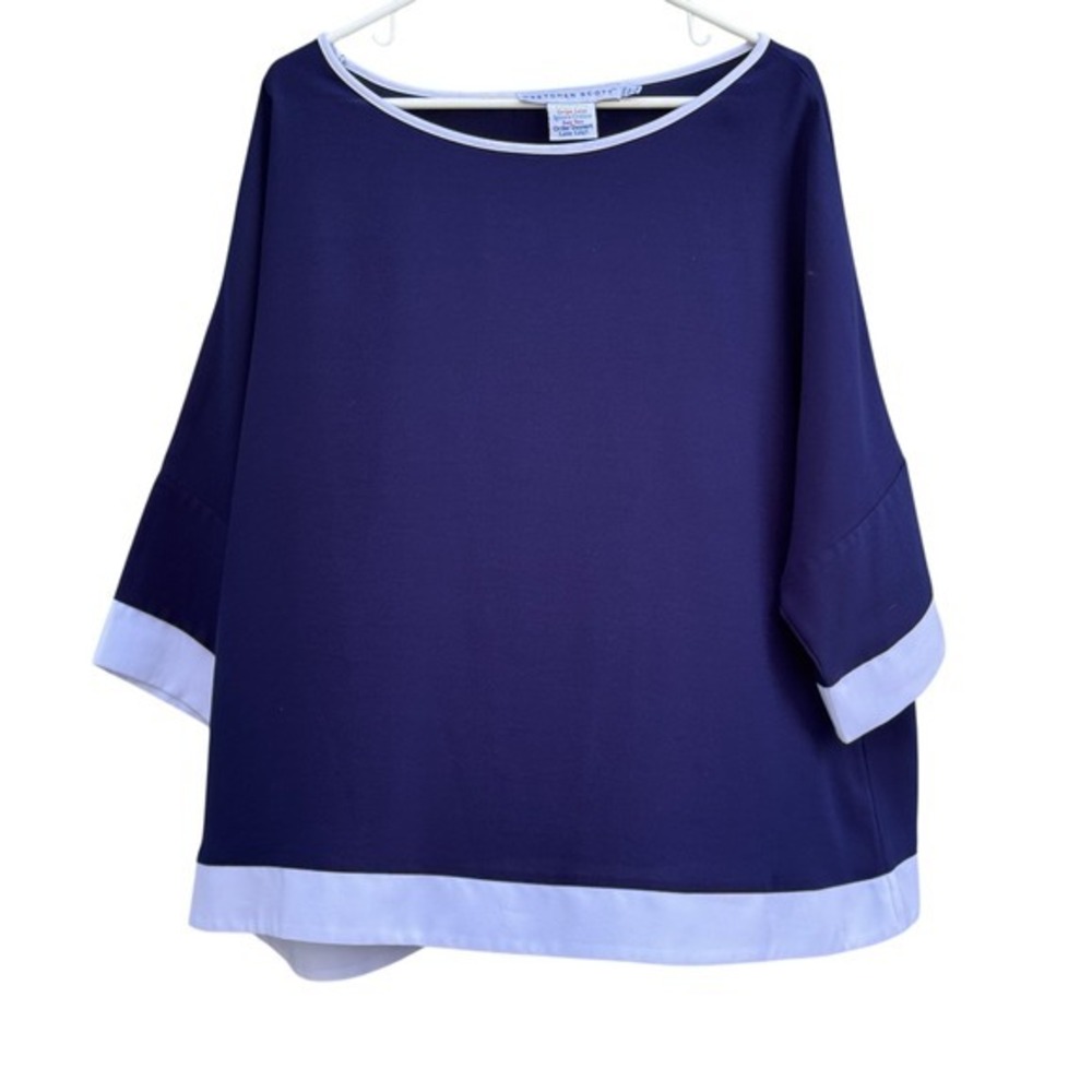 Gretchen Scott Womens XL/XXL Navy Blue White‎ Trim Top Boxy Blouse Boat Neck